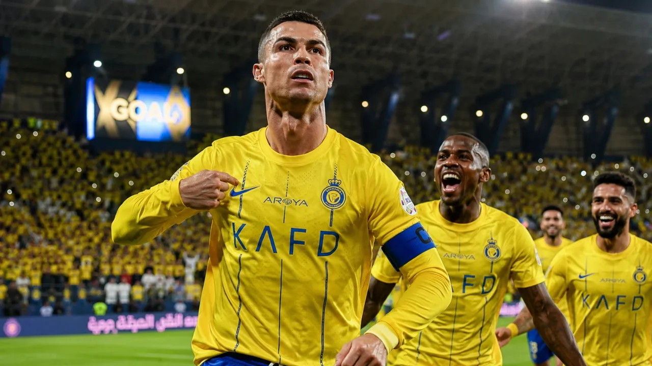Cristiano Ronaldo celebrates after scoring for Al Nassr against Al Ahli during a Saudi Pro League match.