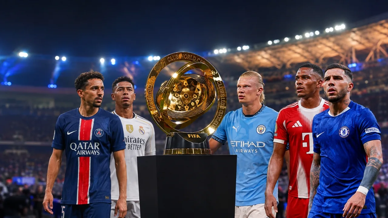 Trophy displayed ahead of the FIFA Club World Cup 2025 featuring the tournament branding
