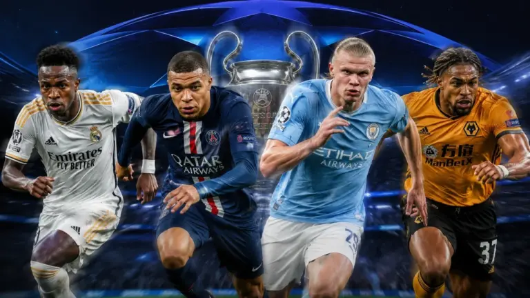 Kylian Mbappé sprinting during a UEFA Champions League match against elite European opposition.