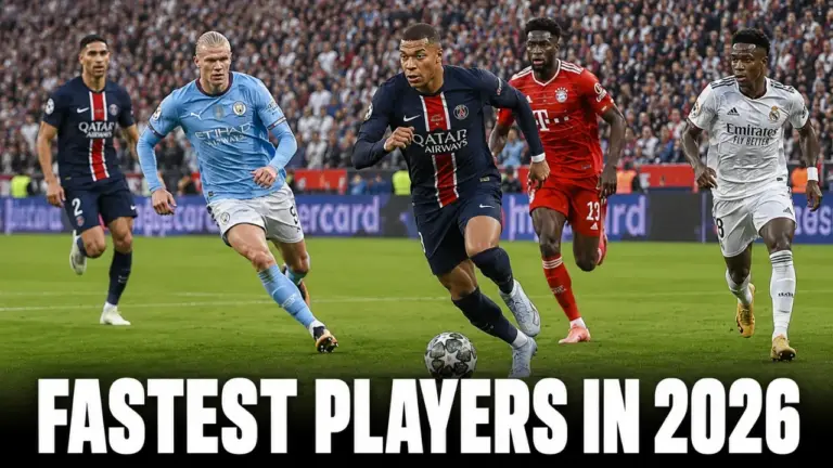 Kylian Mbappé leading a sprint during a football match among the fastest football players active in 2026.