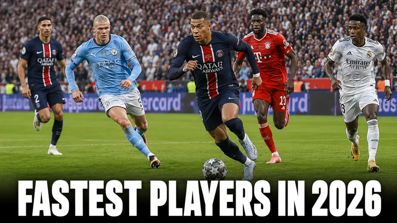 Kylian Mbappé leading a sprint during a football match among the fastest football players active in 2026.