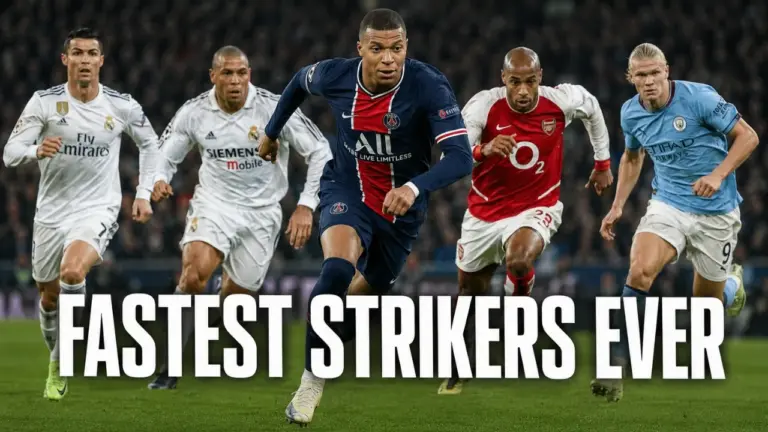 Fastest strikers in football history including Kylian Mbappe, Cristiano Ronaldo, Thierry Henry and Erling Haaland during competitive matches.