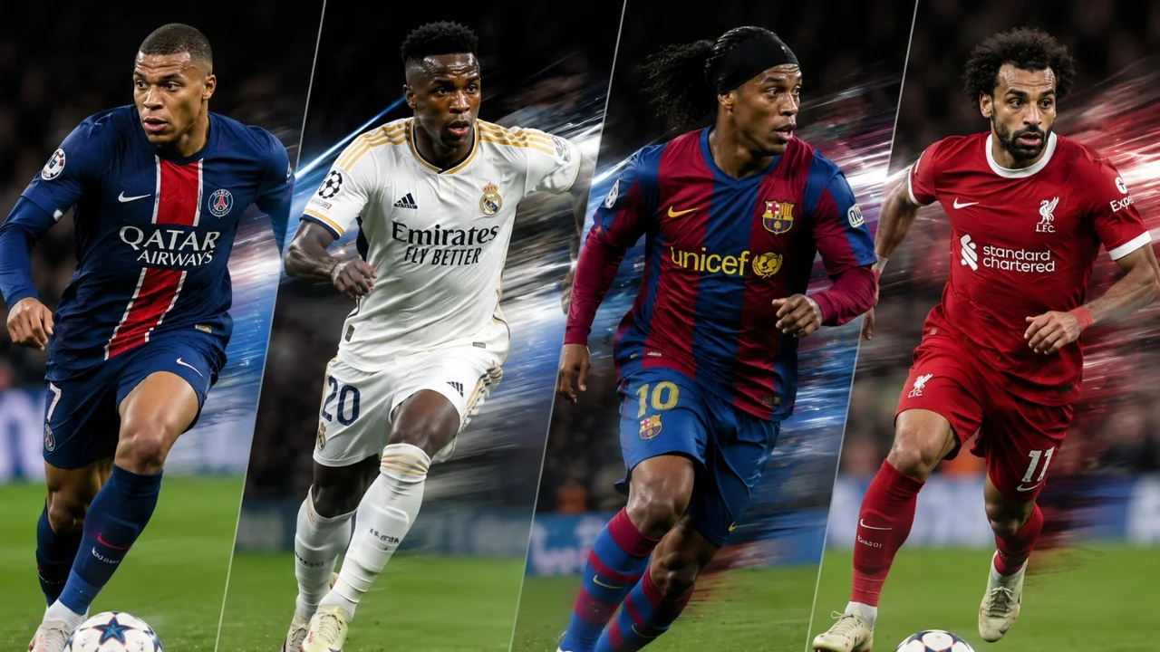 Fastest wingers in football history including Gareth Bale, Kylian Mbappé, Cristiano Ronaldo, and Arjen Robben sprinting during matches.