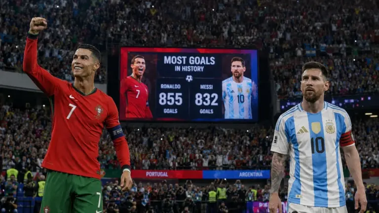 Cristiano Ronaldo and Lionel Messi featured among the football players with the most goals in history.