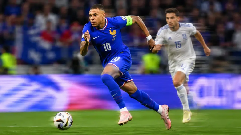 Kylian Mbappé sprinting for France at Euro 2024