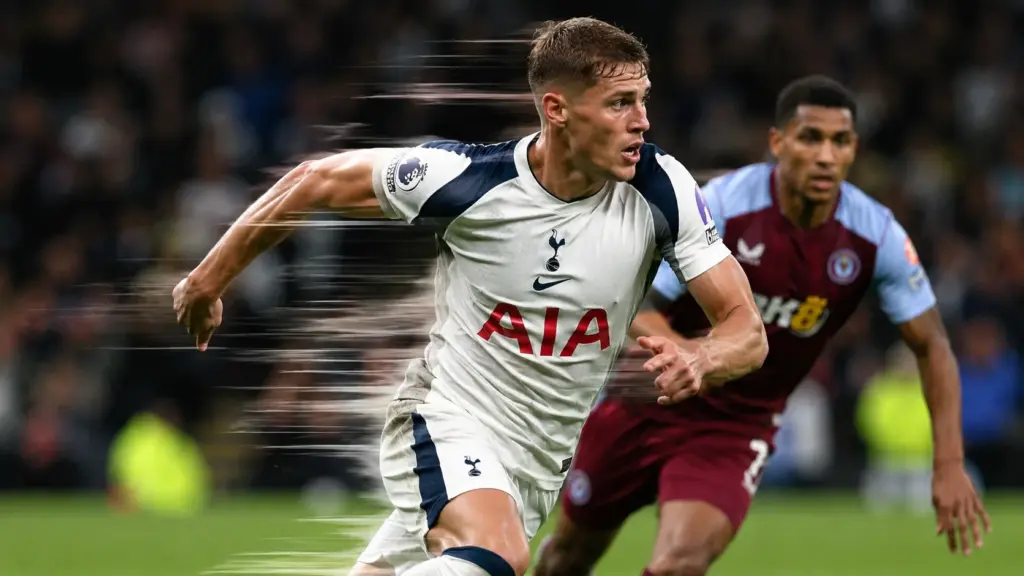 Micky van de Ven sprinting back during a Premier League match