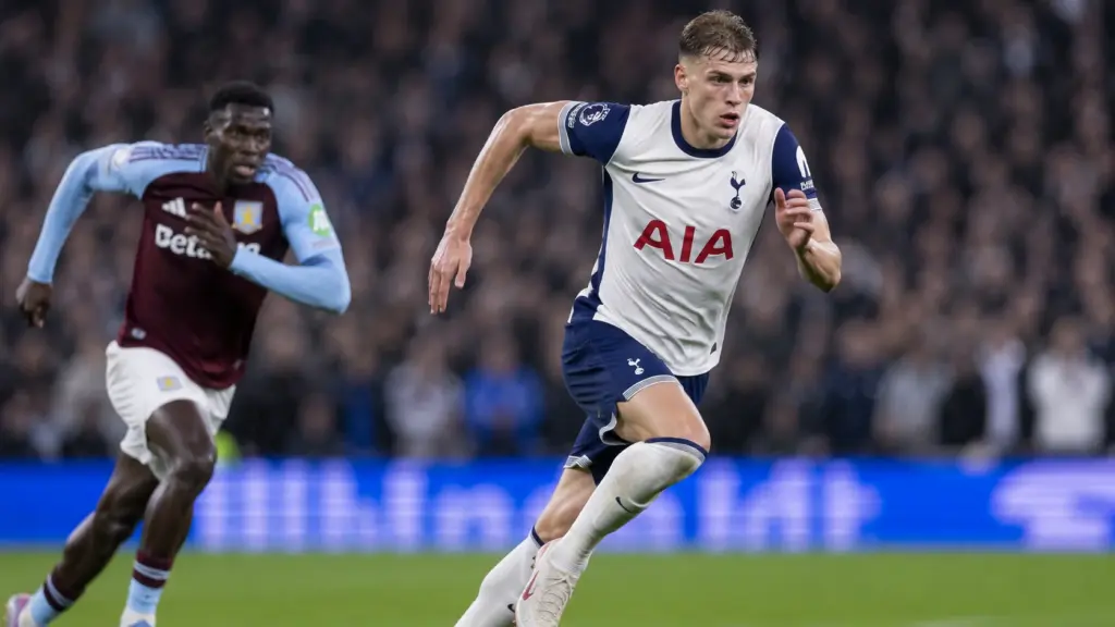 Micky van de Ven sprinting during a Premier League match for Tottenham Hotspur