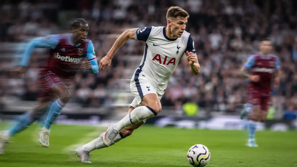 Micky van de Ven sprinting during a Premier League match for Tottenham Hotspur