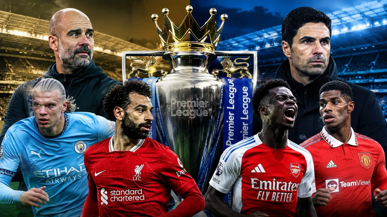 Premier League 2025-26 title race prediction featuring Liverpool, Arsenal, and Manchester City players before the new season.
