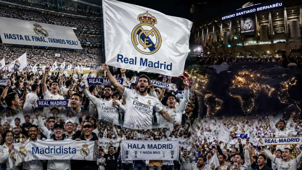 Real Madrid supporters displaying flags and banners inside a packed stadium