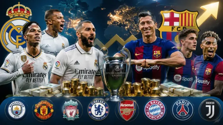 Richest football clubs in the world 2026 featuring Real Madrid, Barcelona, Bayern Munich and Premier League giants.