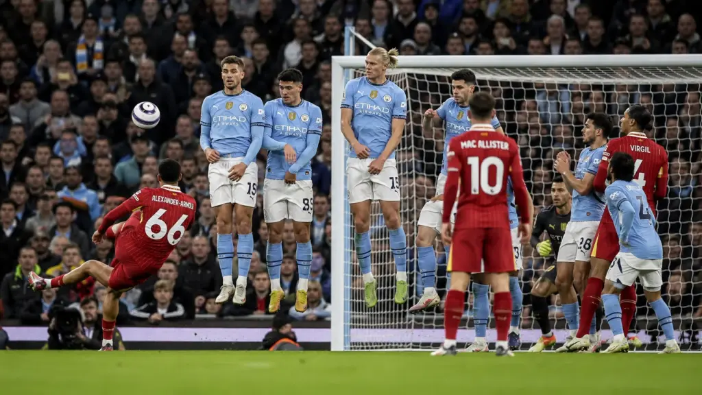 Premier League players competing for a header from a corner kick during a league match