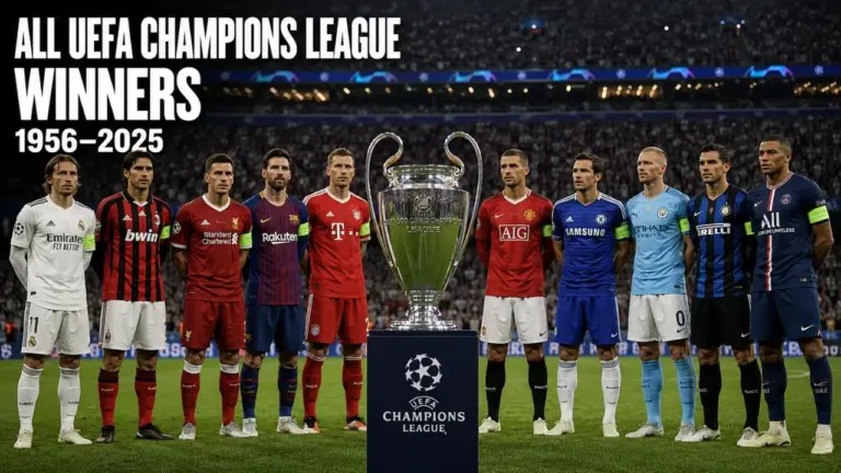 UEFA Champions League trophy with champions from 1956 to 2025 highlighting Real Madrid, AC Milan, Liverpool, Barcelona and other European winners.