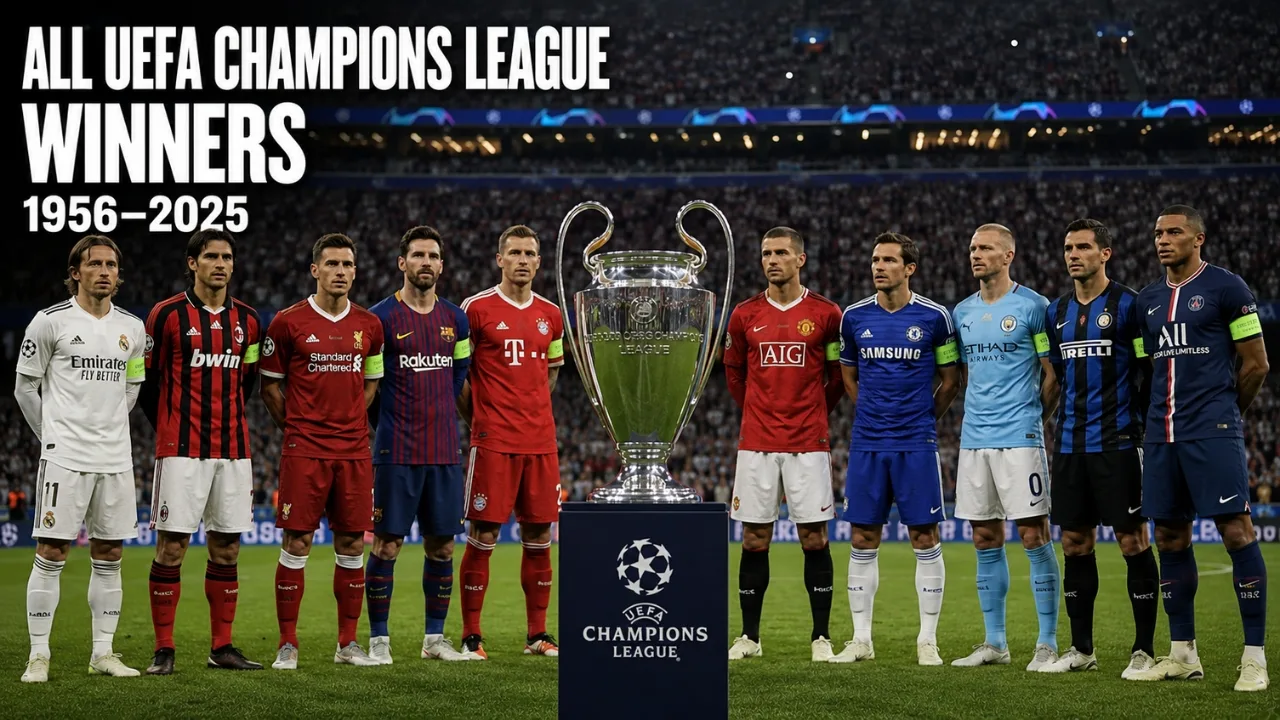 UEFA Champions League trophy with champions from 1956 to 2025 highlighting Real Madrid, AC Milan, Liverpool, Barcelona and other European winners.